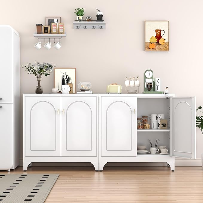 Metal Sideboard Buffet Cabinet with Storage,33 Inch Coffee Bar Cabinet with Adjustable Shelf, White Kitchen Sideboard Cabinets for Dining Room, Living Room
