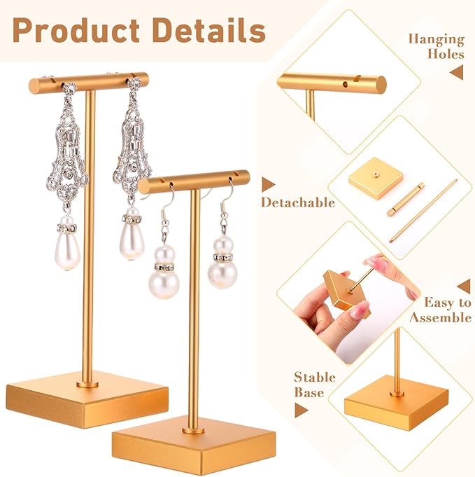 Kigeli 6 Pack Metal Bar Earring Display Stand Retail Earring Display Holder Detachable Metal Display Storage Rack Jewelry Photography Prop, Square Base, Height 4.3" and 5.1"(Gold)