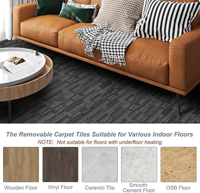 Carpet Tiles 24"x 24" 18PCS Non-Slip Soft Floor Carpet for Office, Bedroom, Living Room, Kitchen, Garage,Easy DIY Installation Seamless Floor Tiles Rug,Grey