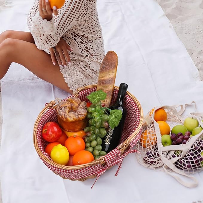 Large Wicker Picnic Basket with Handles,Handle Sturdy Woven Body with Removable and Washable Lining,Outdoor Camping,Gift Packing,Garden Picking, Storage.red