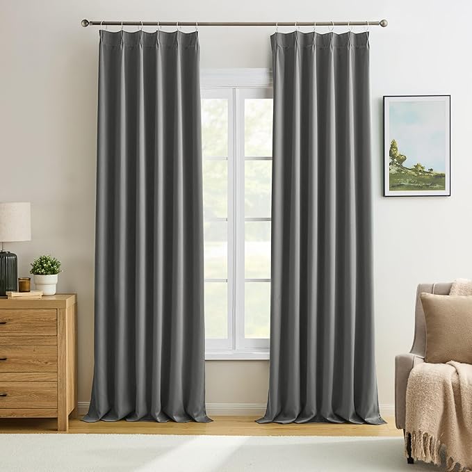 KEQIAOSUOCAI Grey Pinch Pleat Curtains & Drapes 138 Inches Long 2 Panels Set, Privacy Darkening Sound Dampening Window Treatment for Bedroom Vertical Draft Blackout Blinds for Living Room 40 by 138