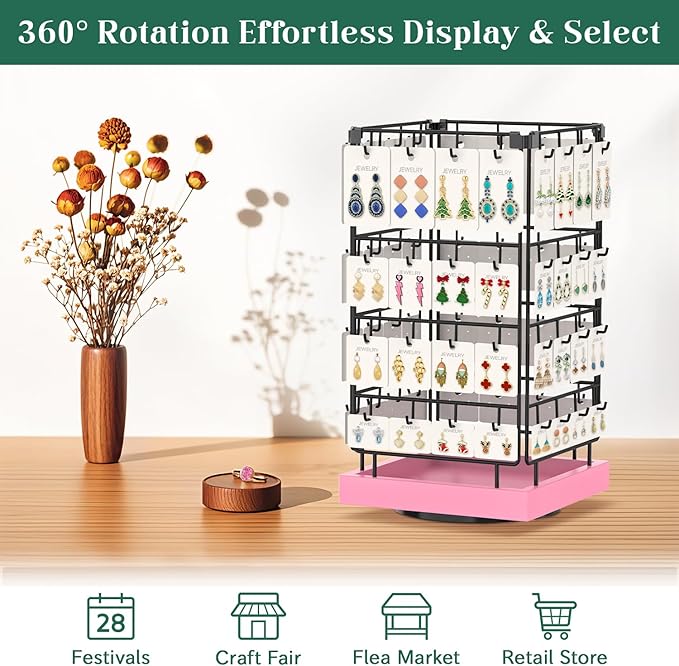 EsLuker.ly Rotating Earring Display Holder Stand for Vendors Events Selling, Large Capacity 64 Hooks Jewelry Rack with Wooden Base for Earring Card Sales, Enhances Retail Display Visibility(Pink)