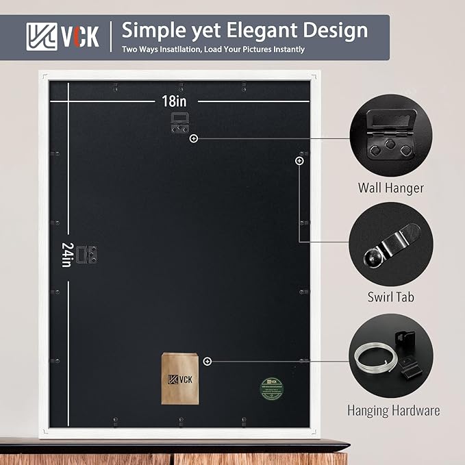 VCK 18x24 Frame 2 Pack, Exclusive Textured Solid Wood Poster Frame, Display Picture 16x20 with Mat or 18x24 without Mat, White
