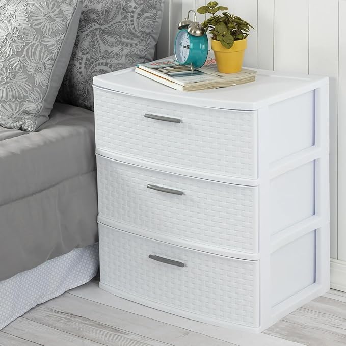 3-Drawer Wide Weave Tower, Plastic Storage Box with Pull Handles, Decorative Cabinet for Bedroom, Bathroom & Office, White