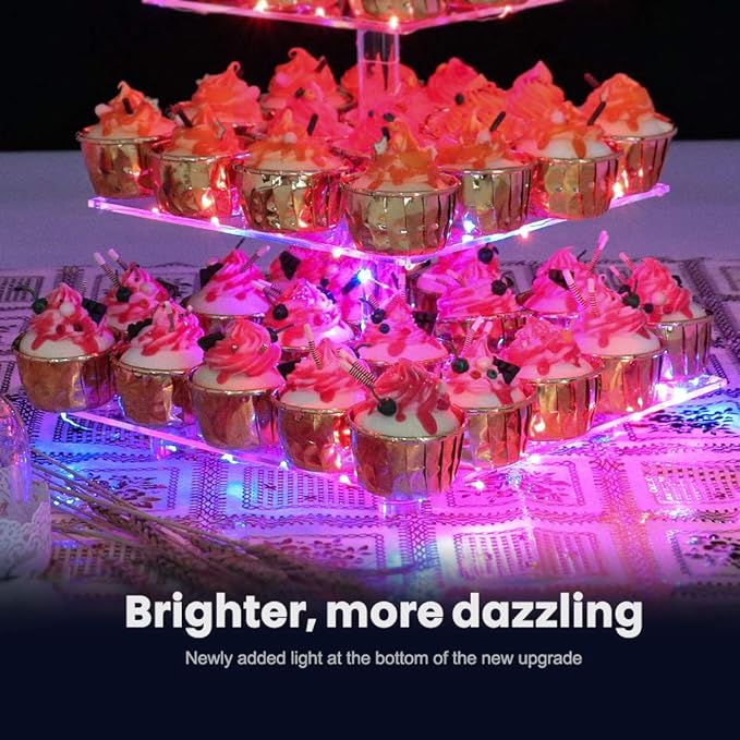 Cupcake Stand – Premium Holder Acrylic Tower Display Cady Bar Party Décor 4 Tier for Pastry + LED Light String Ideal Weddings, Birthday(Colorful light)