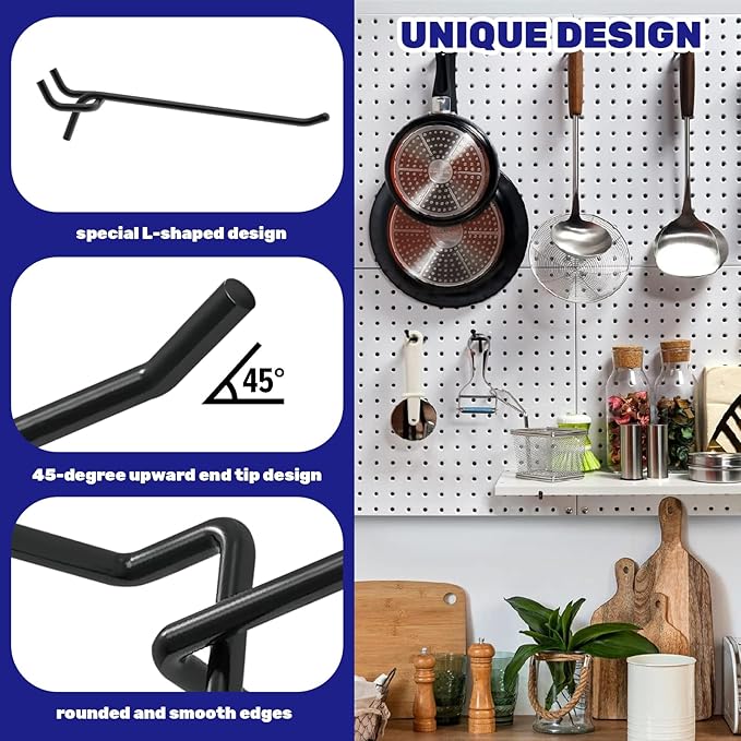 40Pcs 8" /200mm Stainless Steel Pegboard Display Hooks Bulk Set, Black Garage Organization Peg Wall Hook Metal Slatwall Panel Hook Fit 1/8 and 1/4 Inch Pegboard for Retail