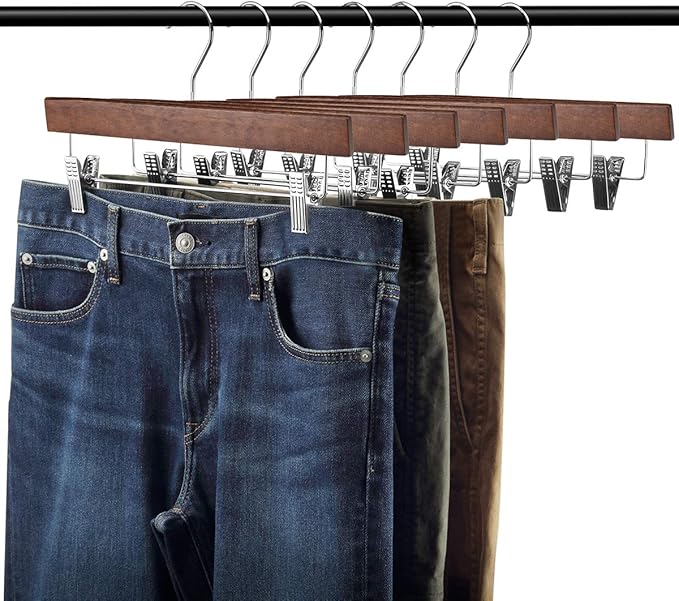 AMKUFO 20pcs Wooden Pants Hangers Solid Pants Hangers with Adjustable Clips 14 Inch Walnut Wood Skirt Hangers Trousers Bottom Hanger with Non-Slip Clips and 360° Swivel Hook