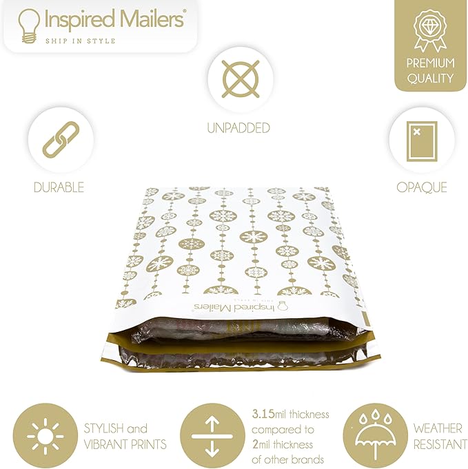 Inspired Mailers - Poly Mailers 10x13-100 Pack - Snowflake Baubles (Gold) - Holiday Poly Mailers - 10x13 Shipping Envelopes - Christmas Packaging Bags