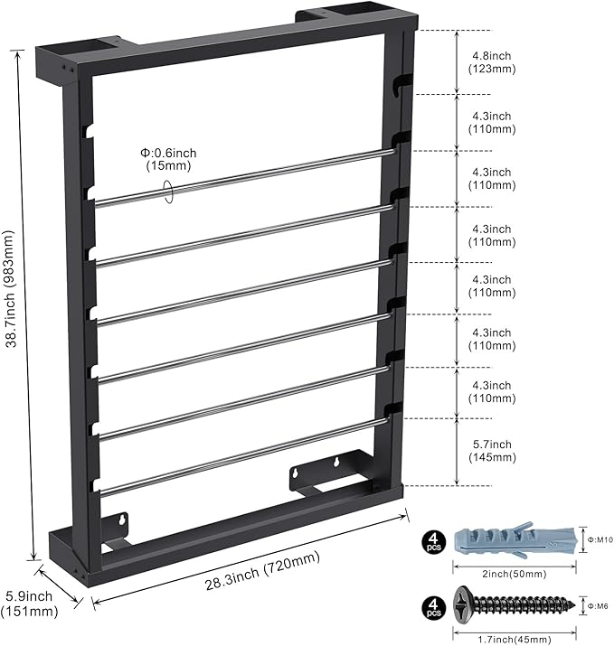 SELEWARE Heavy Duty Wall-Mounted Wire Spool Rack – Cable Reel Holder and Dispenser with 6 Adjustable Stainless Steel Rods for Industrial, Electrical, and Retail Storage and Display (Black)