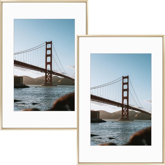 Frametory, 16x24 Metal Picture Frame with Mat for 12x18 Picture & Real Glass, Aluminum Photo Frame Collection (Gold, 2 Pack)