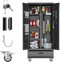 Broom Closet Storage Cabinet with Wheels and Drawer,Garage Storage Cabinet with Magnetic Doors,Pegboard and Adjustable Shelves for Garage Home Office,Required Assembly,Black