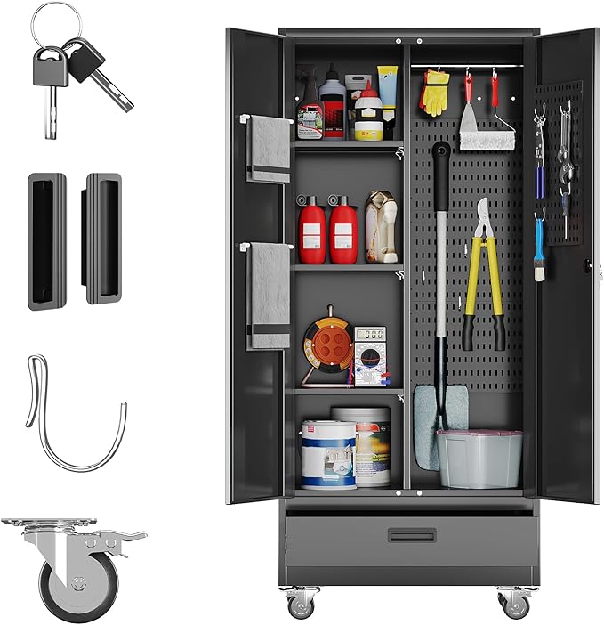 Aobabo Metal Broom Closet Storage Cabinets on Wheels,Steel Mop and Broom Cabinet with Adjustable Shelves and Drawer,Assembly Required,Black