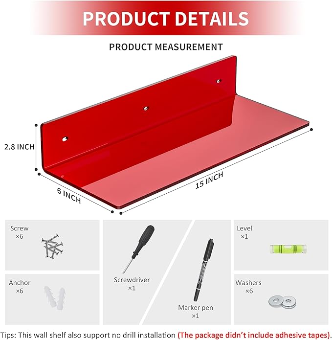 15 Inches Red Acrylic Shelves, Wall Mounted Shelves for Bedroom, Wall Display Shelves for Collectibles, Funko Pop, Speaker, Plants, 2 Pack
