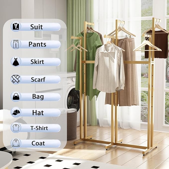 Gold Clothing Racks, Metal Clothes Rack with 6 Straight Arms, Freestanding Garment Rack for Hanging Clothes Heavy Duty, 46" to 63" Adjustable Height Retail Clothing Rack for Boutiques Display