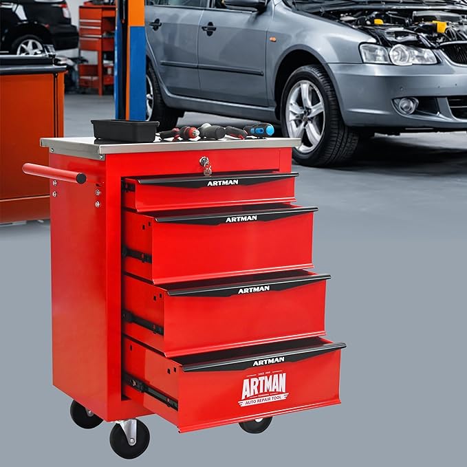 4-Drawer Heavy-Duty Rolling Tool Chest with Wheels & Steel Roof, Lockable Tool Chest Storage Cabinet for Garage, Workshop, Warehouse, and Repair Shop