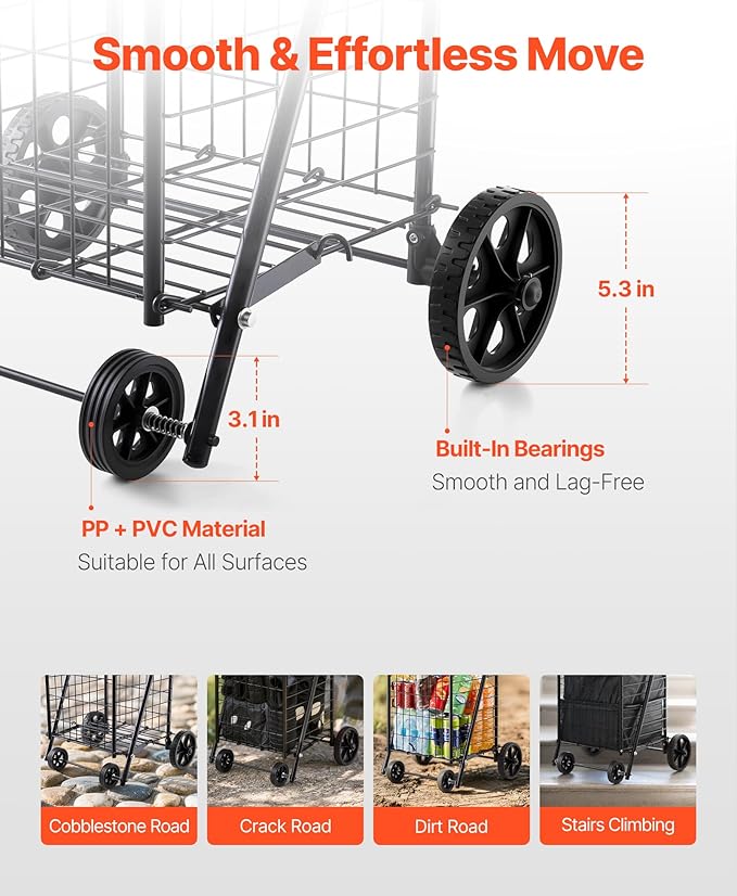VEVOR Shopping Cart, Folding Grocery Utility Cart with Swivel Wheels, 90 LBS Large Load Capacity, Heavy Duty Rolling Laundry Basket Butler for Laundry, Shopping, Camping, Grocery, Luggage, Black