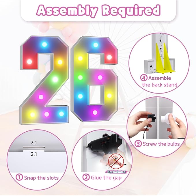 Marquee Numbers 26th Birthday Decoration: Colorful 3FT Large Light Up 26 Year Old Birthday Decorations Anniversary Backdrop Cardboard Sign 18 Colors Number 26 Mosaic Balloon Frame