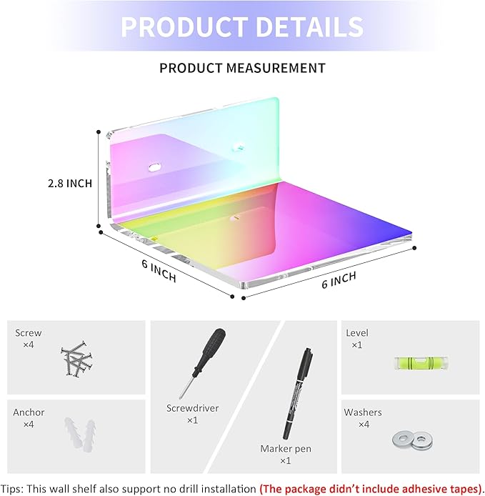 6 Inches Iridescent Acrylic Wall Shelves Set of 2, Wall Mounted Storage Display Shelves for Bedroom, Gaming Room, Living Room, Bathroom, Dining Room, Office, 2 Pack
