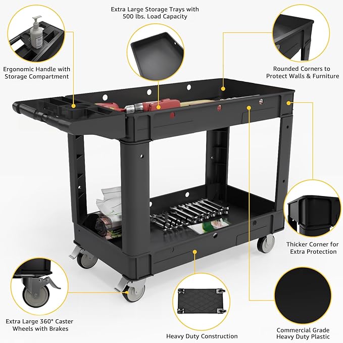 Commercial Grade 2 Shelf Utility Cart with Wheels - Rolling Tool Trolley, Heavy Duty Service Push Cart for Business Warehouse Office Restaurants Ecommerce Garage