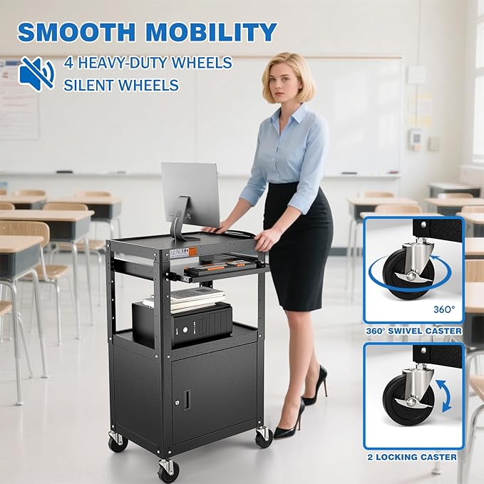 Steel Large AV Cart with Locking Cabinet - Adjustable Height Media Carts with Wheels, Pullout Tray, Power Strip for Mobile Work Station - Rolling Computer Cart for Office Classroom Presentation