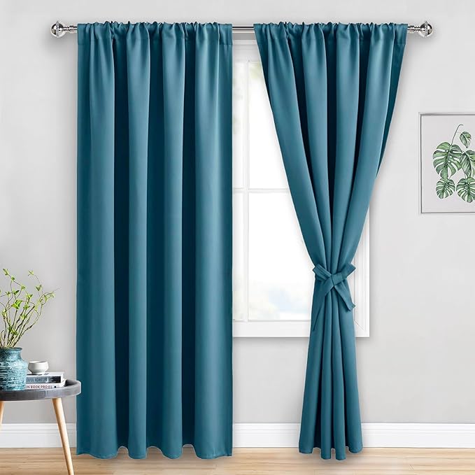 JIUZHEN Blackout Curtains for Bedroom - Thermal Insulated Room Darkening Noise Reducing, 52 x 84 Inch Length Curtains for Living Room, Set of 2 Panels with Tiebacks, Stone Blue