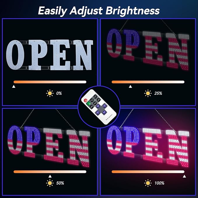 30" x 10" American Flag LED OPEN Sign with Remote Control, Dimmable Brightness, Flash Modes & Speed, Easy Hang Plug-in Storefront Window Sign for Shop, Bar, Salon