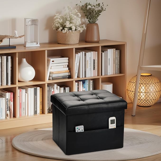 Storage Ottoman Foot Rest Stool, Small Leather Storage Ottomans Bench, Folding Footstool with Side Pockets, Foot Rest Under Desk for Living Room Bedroom, 16x12x12 in, Black