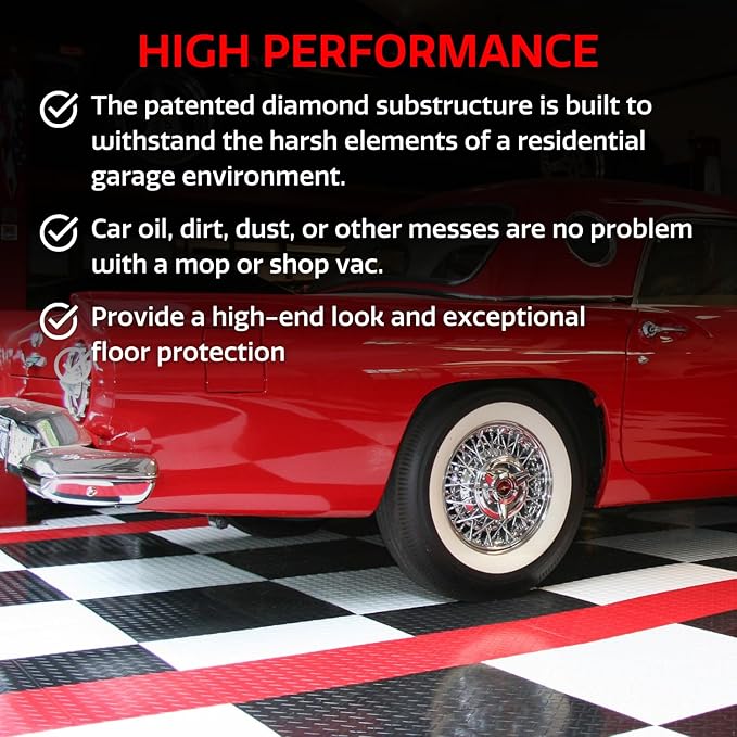 Big Floors RaceDeck Diamond Plate Design, Durable Interlocking Modular Garage Flooring Tile (Red, 24 Pack of 12 x 12" Tiles)
