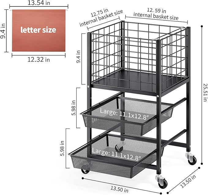TOOLF 3-Tier Rolling File Cart, Metal Storage Drawer Cart with 2 Sliding File Trays, Adjustable Rod for Hanging Various File Sizes, File Organizer Cabinet on Wheels, for Office, Home, Classroom, Black