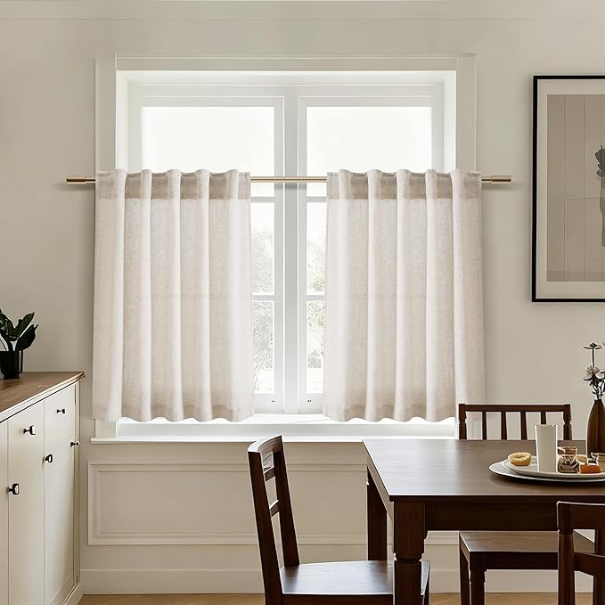 Nanspring Beige Linen Curtains for Kitchen Windows Over Sink - Cafe Curtain Semi Sheer with Back Tab and Rod Pocket Rustic Farmhouse Bistro Curtains for Bathroom, 2 Panels 26 x 24 Inch
