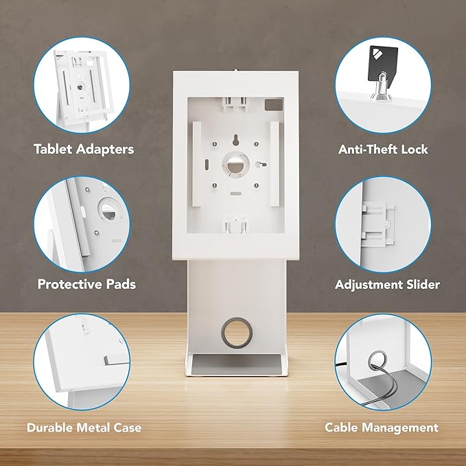 Mount-It! Anti-Theft Tablet Kiosk with Printer Stand, Locking Countertop Tablet Enclosure with Freestanding Base, Universal Enclosure Compatible with iPads Gen 9 and 10, iPad Pro, iPad Air, White
