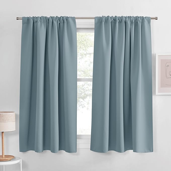 PONY DANCE Dusty Blue Blackout Window Curtains - Rod Pocket Window Treatments Curtain Panels/Draperies Room Darkening Noise Reducing Home Fashion, Wide 42 x Long 45 inches, Uranian Blue, One Pair