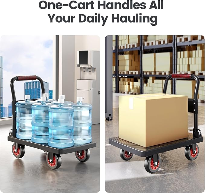 Upgraded Foldable Push Cart Dolly | 800 lbs. Capacity Moving Platform Hand Truck | Heavy Duty Space Saving Collapsible | 5‘’ TPR 360-Degree Silent Wheels | 2 Swivel Wheels and 2 Rigid Wheels