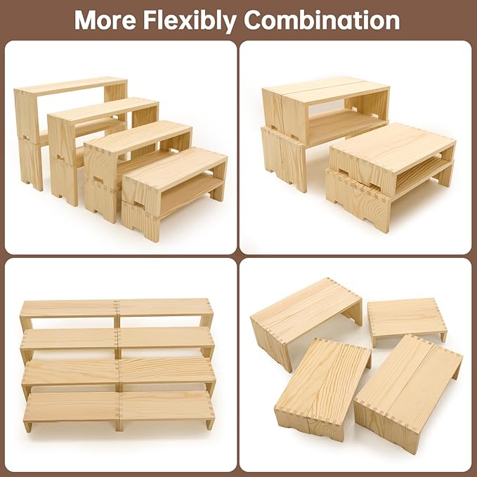 Large Display Wood Risers Wooden Stand 4 Tier Wood Racks, 2 Set 8 Pieces Cupcake Stands Cologne Perfume Organizer Dessert Stands for Vendors Event
