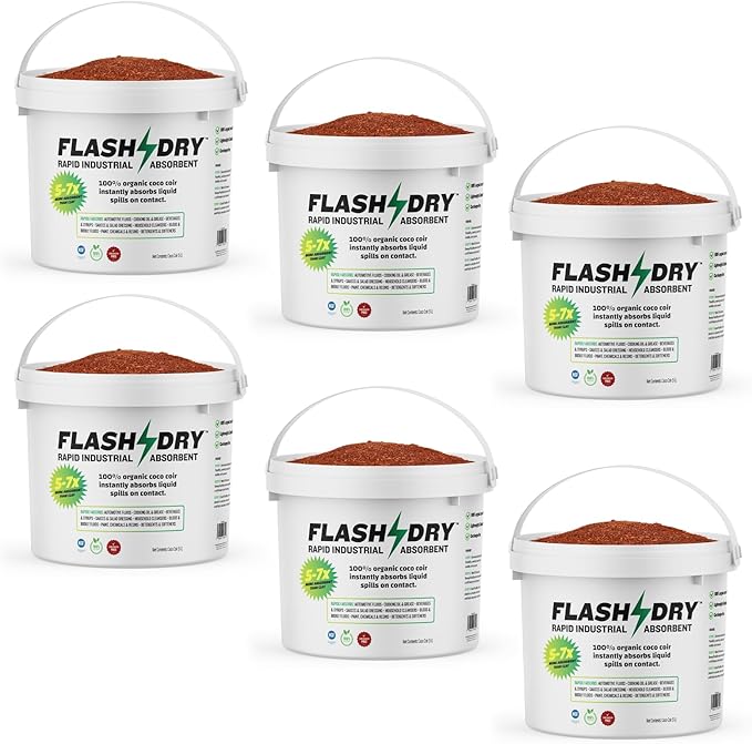 FlashDry Super Spill Absorbent, 5L Bucket with Dispenser Lid, 100% Organic Coco Coir, Landfill Safe, OSHA Approved, Ideal for Absorbing Oil, Paint, Grease in Garages, Kitchens, Janitor Kits, Pack of 6