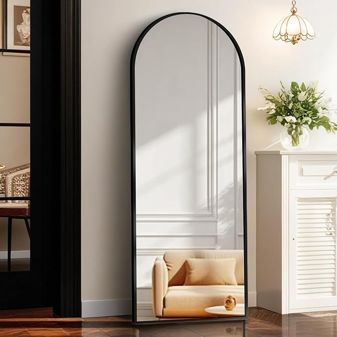 57"x20" Full Length Mirror with Stand, Shatterproof Arched Floor Mirror, Aluminum Alloy Thin Frame - Freestanding/Leaning/Wall Mount for Bedroom, Living Room & Entryway (Black)