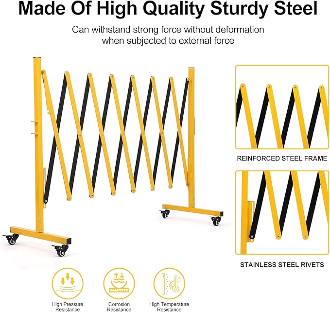 Expandable Metal Barricade Gate, 11FT Folding Security Gate with Wheels, Heavy-Duty Expandable Mobile Barricade for Construction Site, Industrial Traffic Control, Crowd Management & Garage Safety