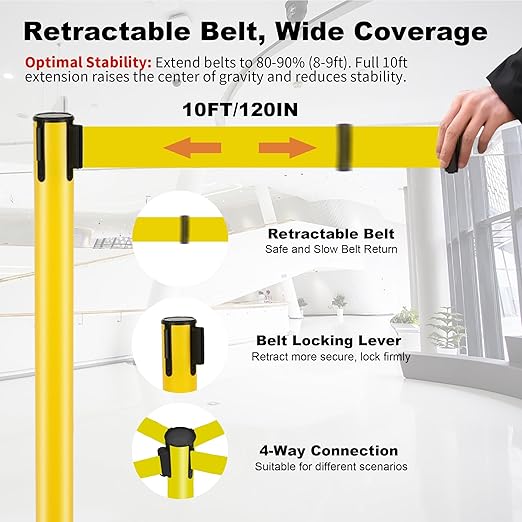 6 Pack Crowd Control Barriers Stanchions with 10 ft Retractable Belts - Heavy-Duty Base Stanchions for Queue Management in Airports, Theaters, Hotels, and Retail Stores(Yellow, 6 Pack)
