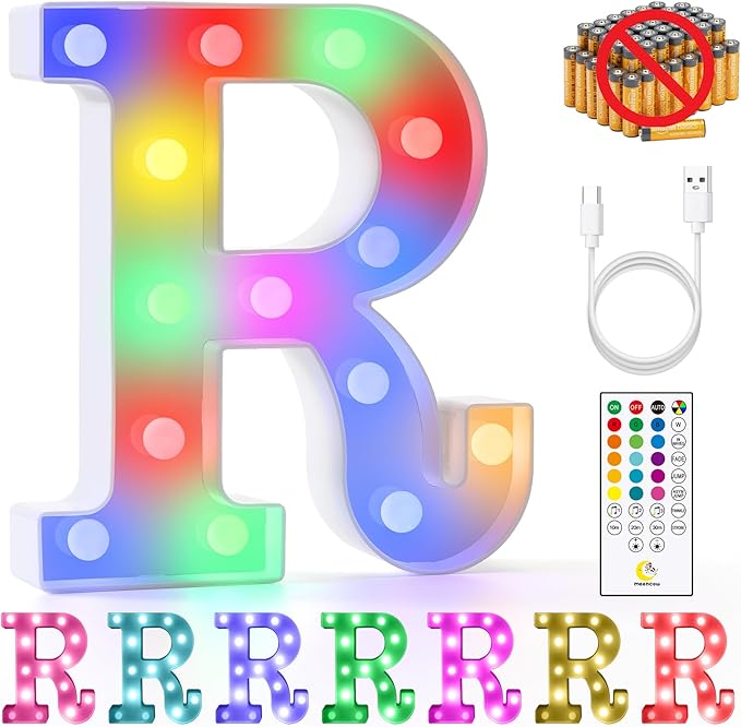 mooncow Rechargeable Light Up Letters,Colorful Marquee Letters with Remote,Gift Wrap Gifts,Bedroom Home Bar Party Decor (R)
