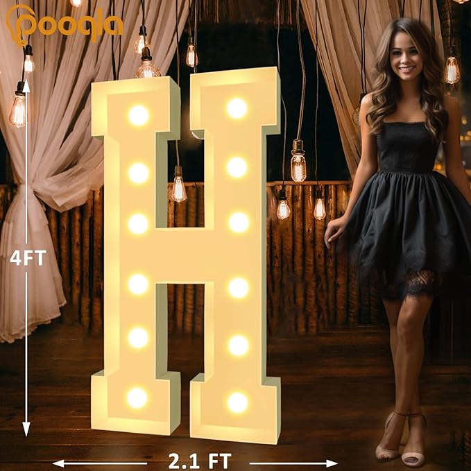 Pooqla 4 FT Marquee Light Up Letters, Cool White and Warm White Marquee Letter 4 Feet Tall, Giant LED Sign Big Mosaic Letter H for Balloons Birthday Party Anniversary Wedding Decorations