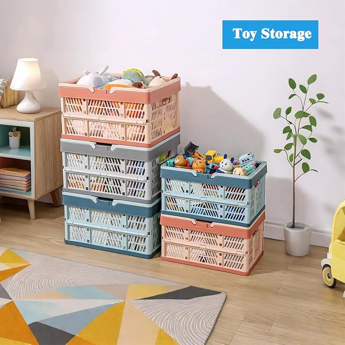 Collapsible Storage Crate with Handles, 20L Foldable Plastic Basket, Organizer Container (Light pink, M)