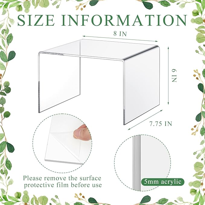 2 Pcs 8 Inch Large Acrylic Risers Display Stands 5 mm Thick Acrylic Shelf Riser Showcase for Collectibles Jewelry Cupcakes Food Figures Perfume Cabinet (Clear)