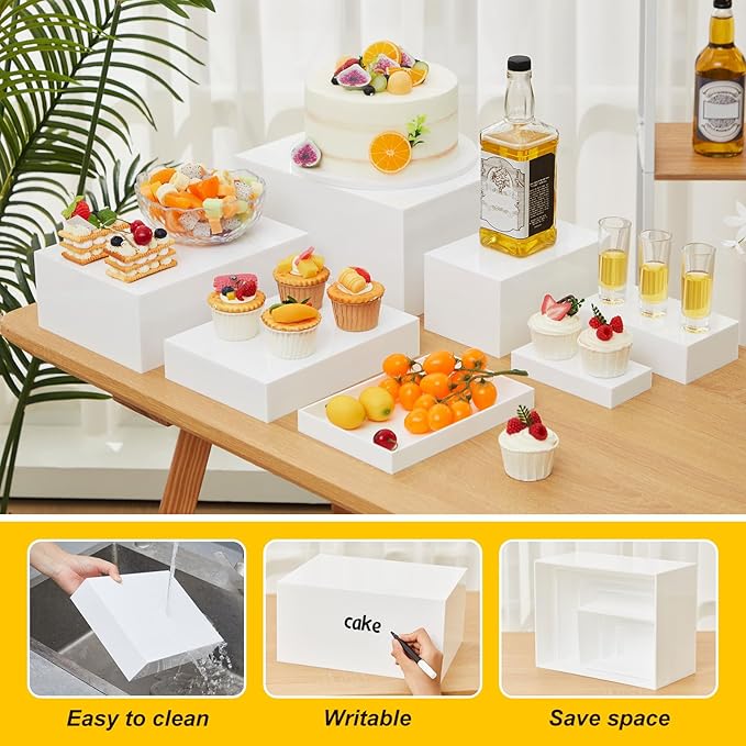Leinuosen 7 Pcs Large Buffet Risers Set 6" to 12" Rectangle Acrylic Display Box Catering Dessert Table Riser Food Display Decorative Stand with Hollow Bottom for Catering Supplies(White)