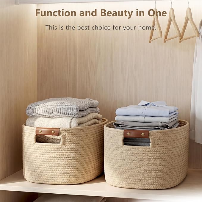 Cotton Rope Basket, Storage Baskets with Handle, 15x10x9 Inch Woven Basket for Shelves, Laundry, Towels, Clothes, Books (Jute/Brown 3Pack)