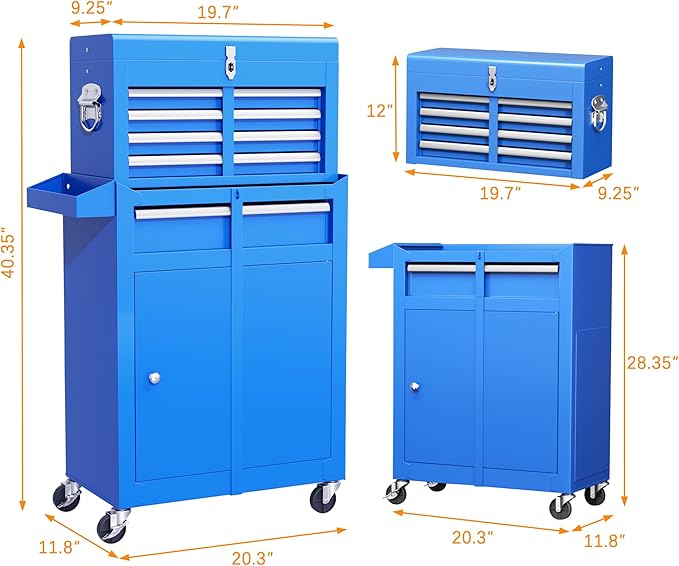 INTERGREAT Blue Tool Chest, 5-Drawer Rolling Tool Chest with Detachable Top Tool Box, Tool Chests with Universal Lockable Wheels, Metal Tool Cart for Garage, Workshop, Barbershop