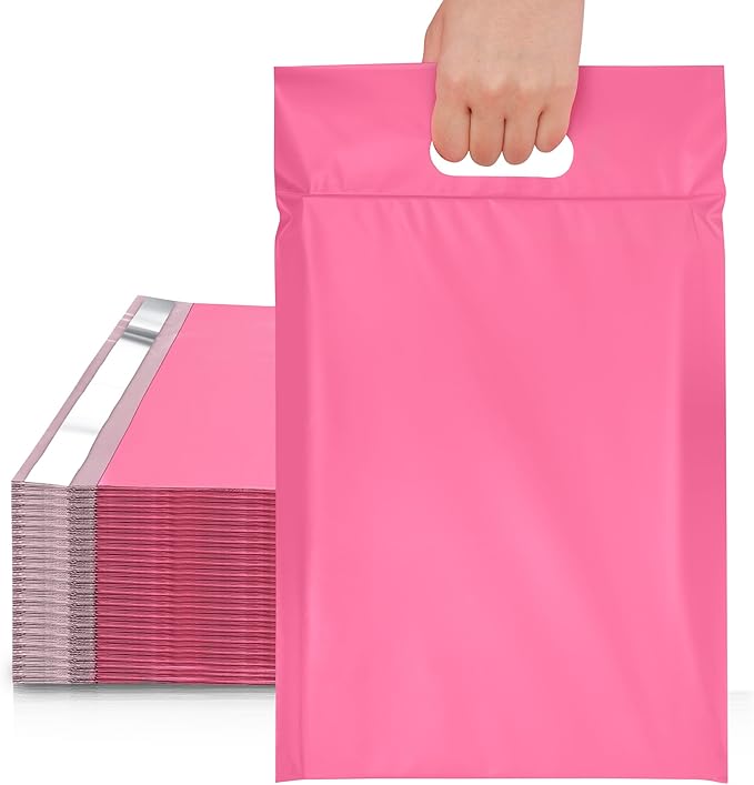 JinRuiKJ Poly Mailers with Handle 10x13 Inch 25 Pcs, Self Sealing Shipping Bags for Clothing, Easy to Carry Packaging Bags for Small Business - Pure Pink