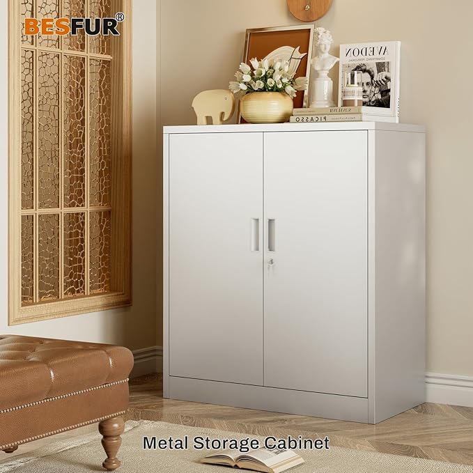 BESFUR Metal Storage Cabinet 36" H, White Locking Cabinet with 2 Lockable Doors and 2 Adjustable Shelves, Garage Storage Cabinet for Home Office, Garage, School, Apartment, Warehouse