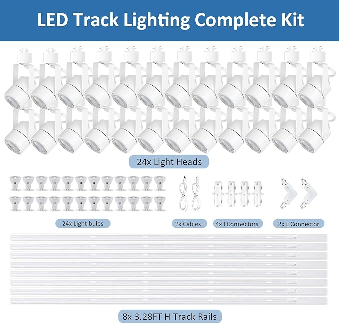 Dimmable LED GU10 White Track Lighting Kit with Replaceable GU10 Bulbs,24-Pack All-in-One Plug in 3CCT Ceiling Spotlights with 26FT Track Rails, Accent Lighting for Home, Store, Moblie Cart and Office