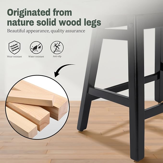 Counter Height Black Bar Stools Set of 6 for Kitchen Counter, Backless Farmhouse Kitchen Island Barstools with Upholstered Faux Leather Saddle Seat and Solid Wood Legs Modern 24 inch Bar Chairs