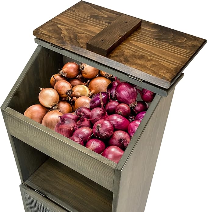 Peaceful Classics Potato Storage Wood Box, Wooden Bread Bins, Decorative Onion Bin w/Grocery Section, Vegetable Storage w/Lid for Kitchen Pantry, Pewter